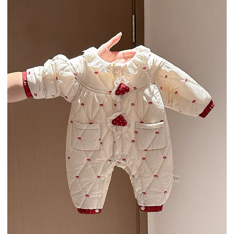 婴儿衣服冬装新生女宝宝加绒夹棉连体衣满月加厚保暖外出哈衣爬服