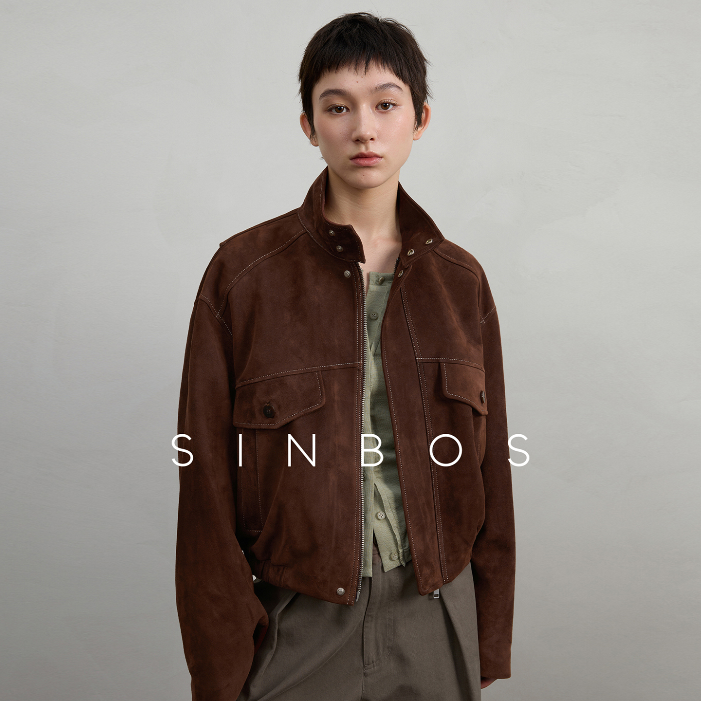 SINBOS城南旧事 撞色线松弛感短款真皮磨毛皮衣夹克女ZB