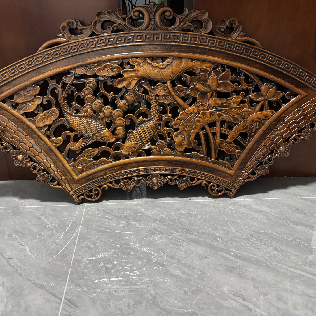 东阳木雕118cm*58cm荷花鱼扇形香樟木实木雕刻古色古香挂件