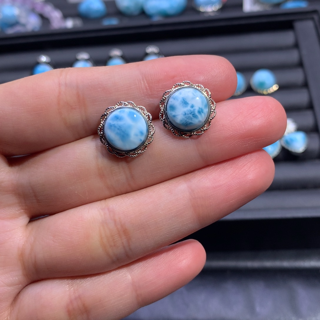 针钠钙石（海纹石）银S925镶嵌耳钉蛋面耳钉色差略异