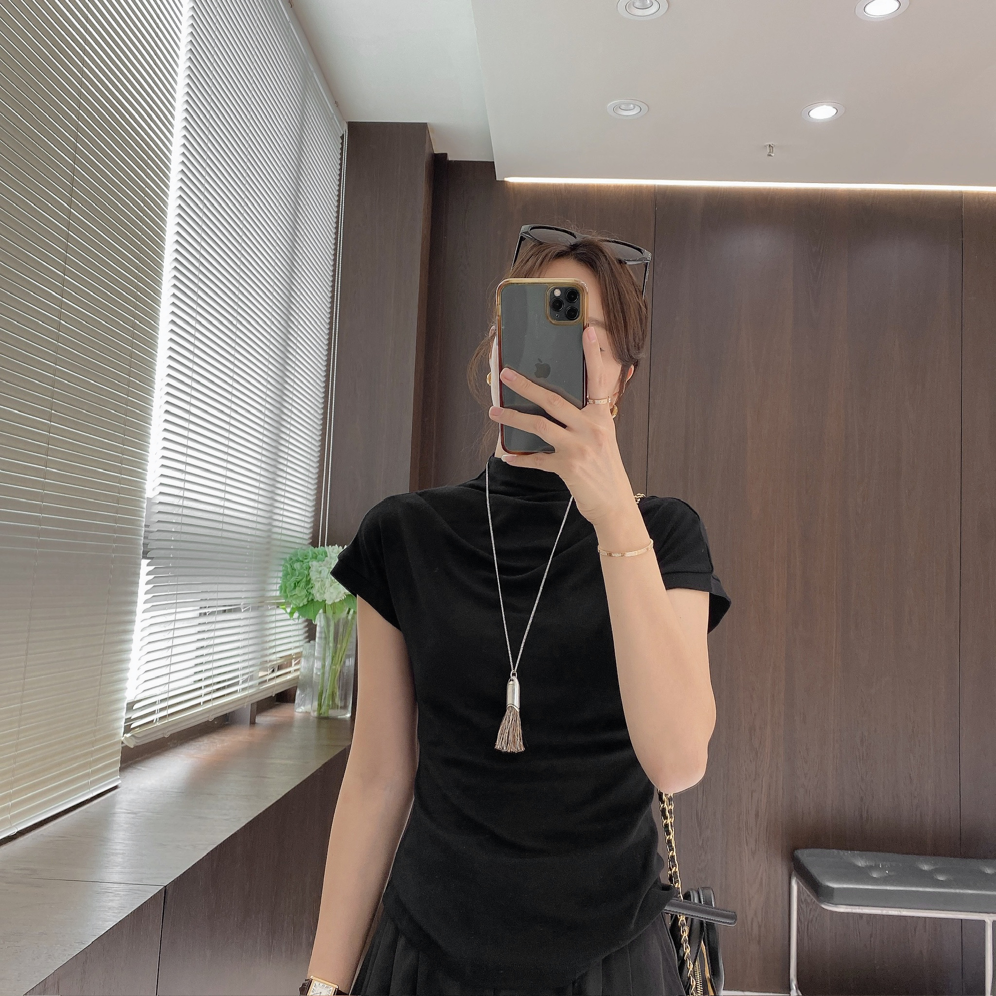 IMFLY金小金自制女装 T恤DYW9589设计感半高领短袖修身知性风衣服