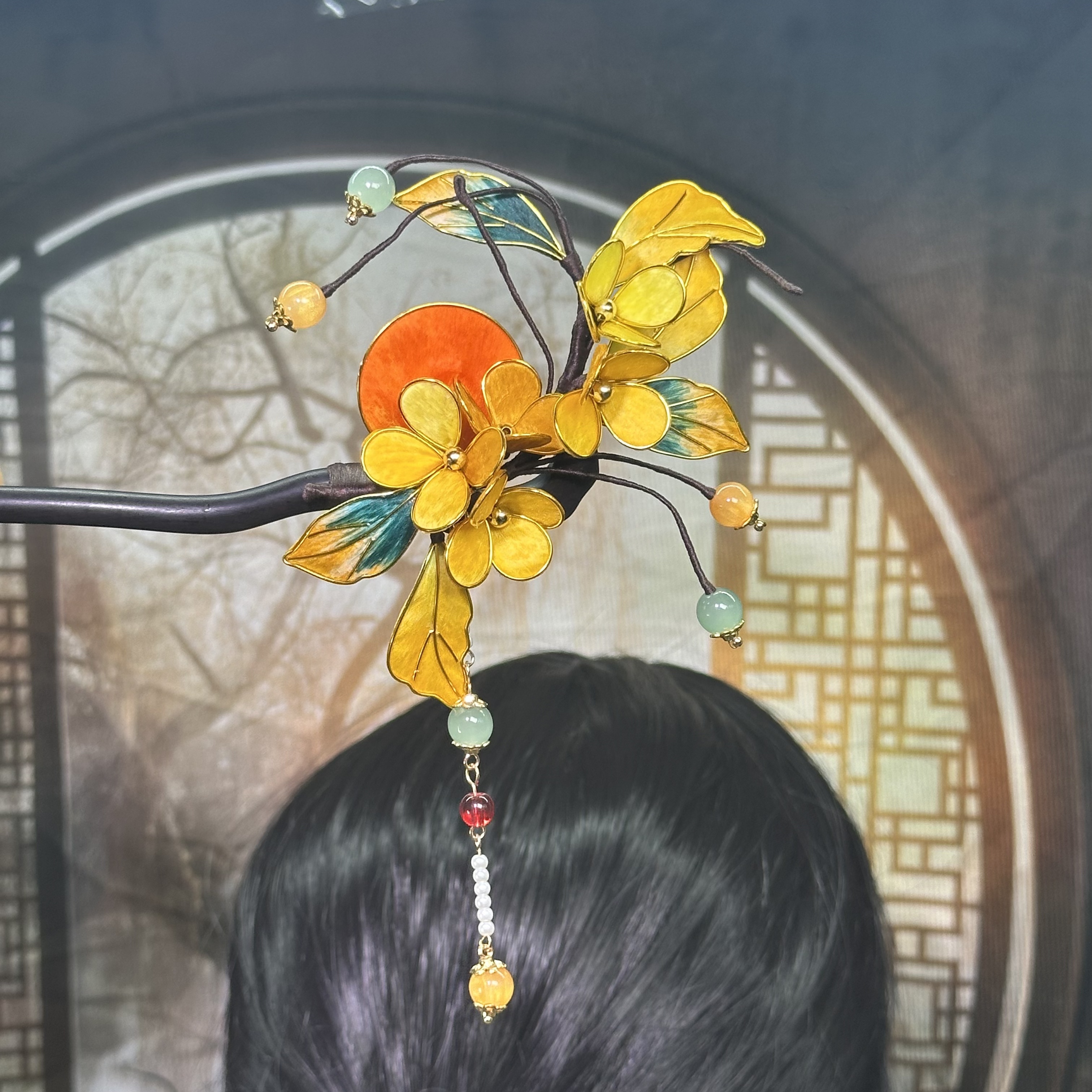 F106非遗绒花《落日余晖》纯手工檀木发簪耳饰发簪百搭日常