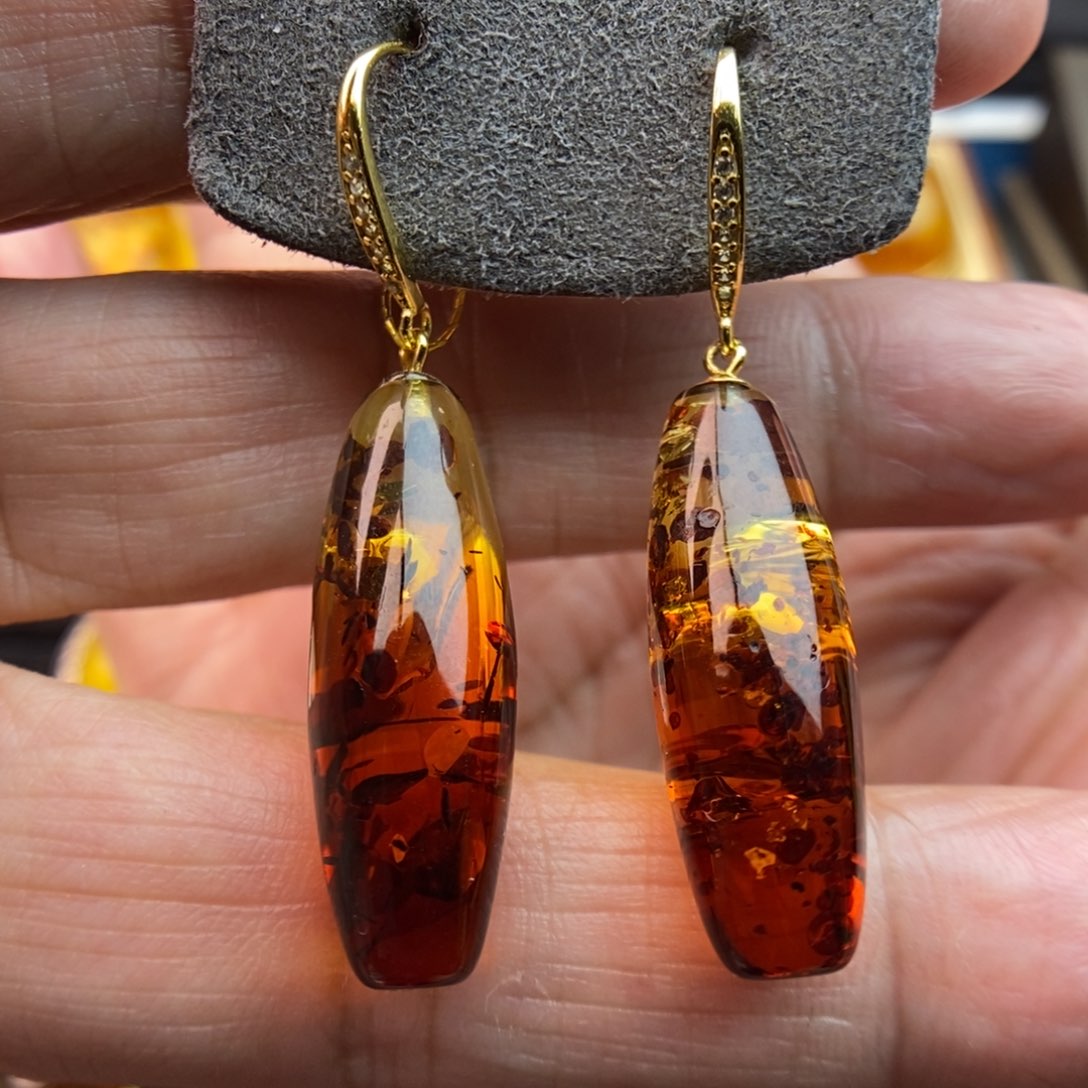 琥珀耳饰银S925镀金镶嵌