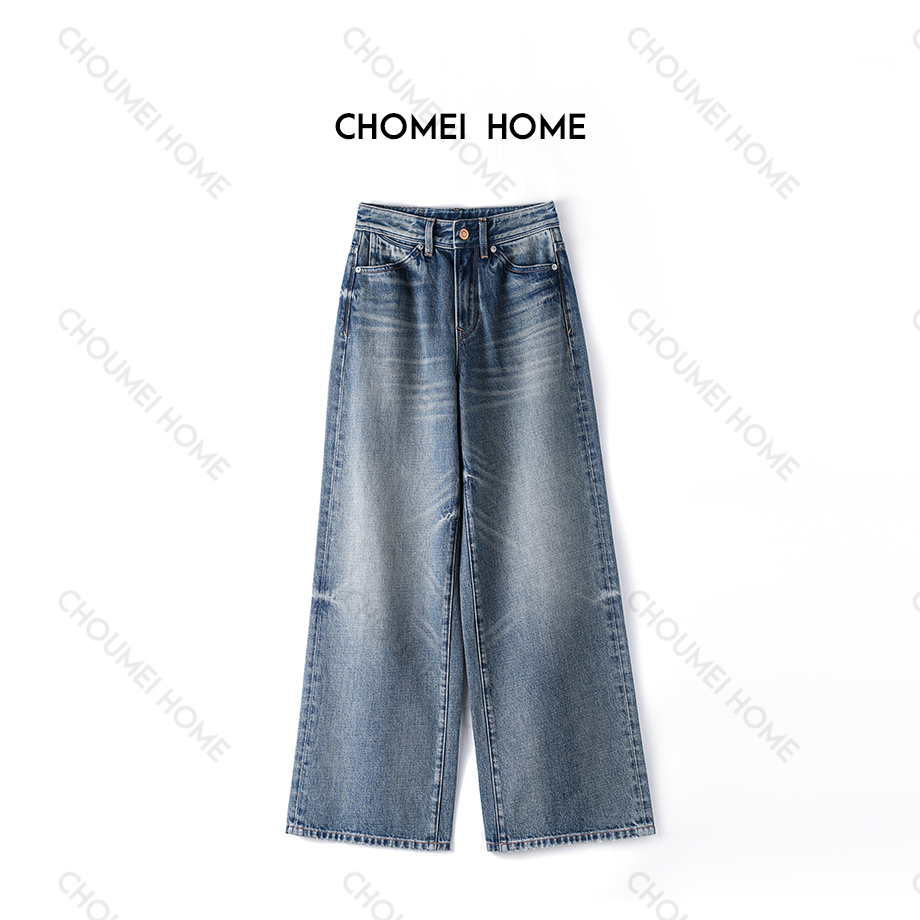 Choumei Home进口埃及棉纱线牛仔裤女 秋冬时尚复古蓝色阔腿裤