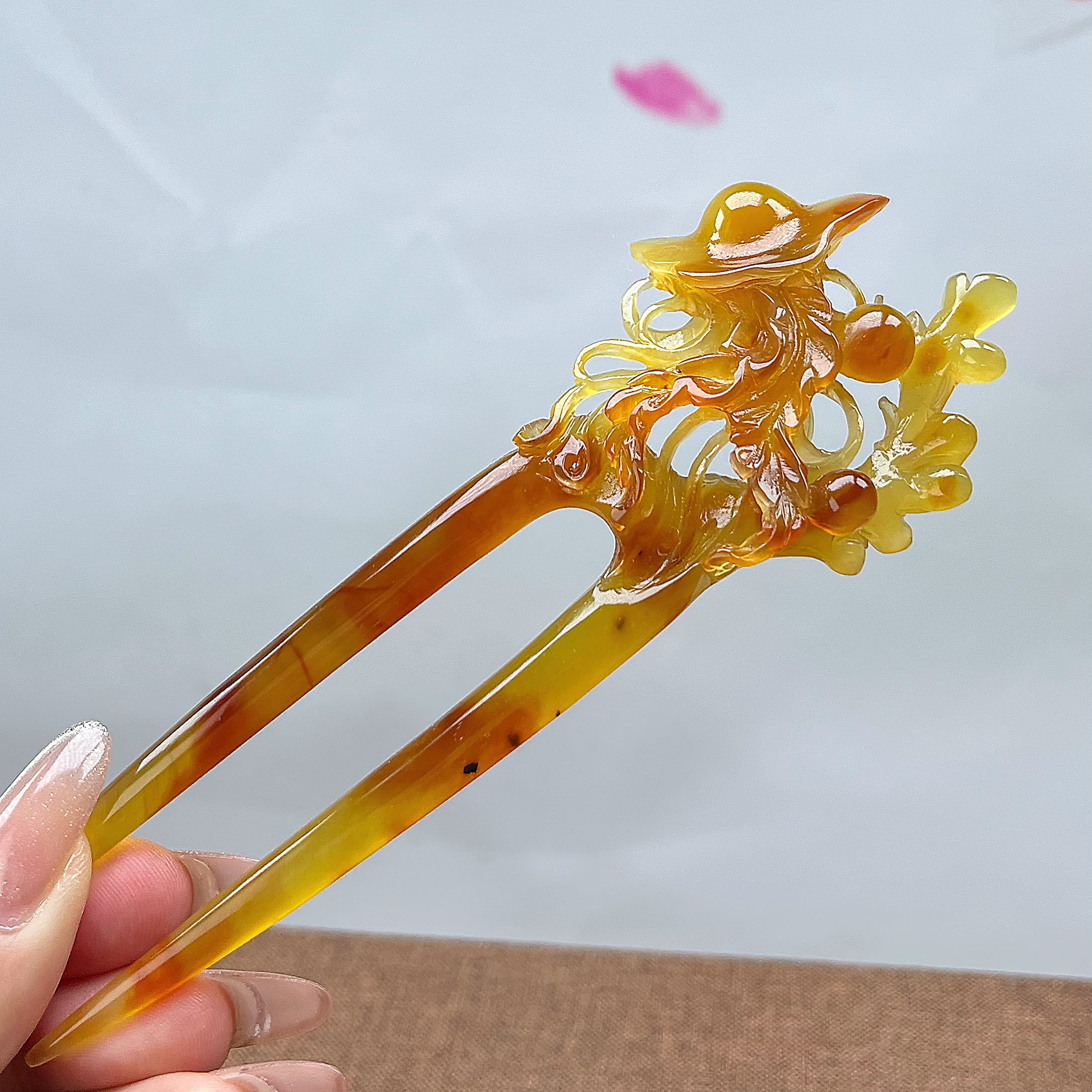岫玉高品质花玉双叉水母发簪 整体长度14.5cm 入发长度8.5cm
