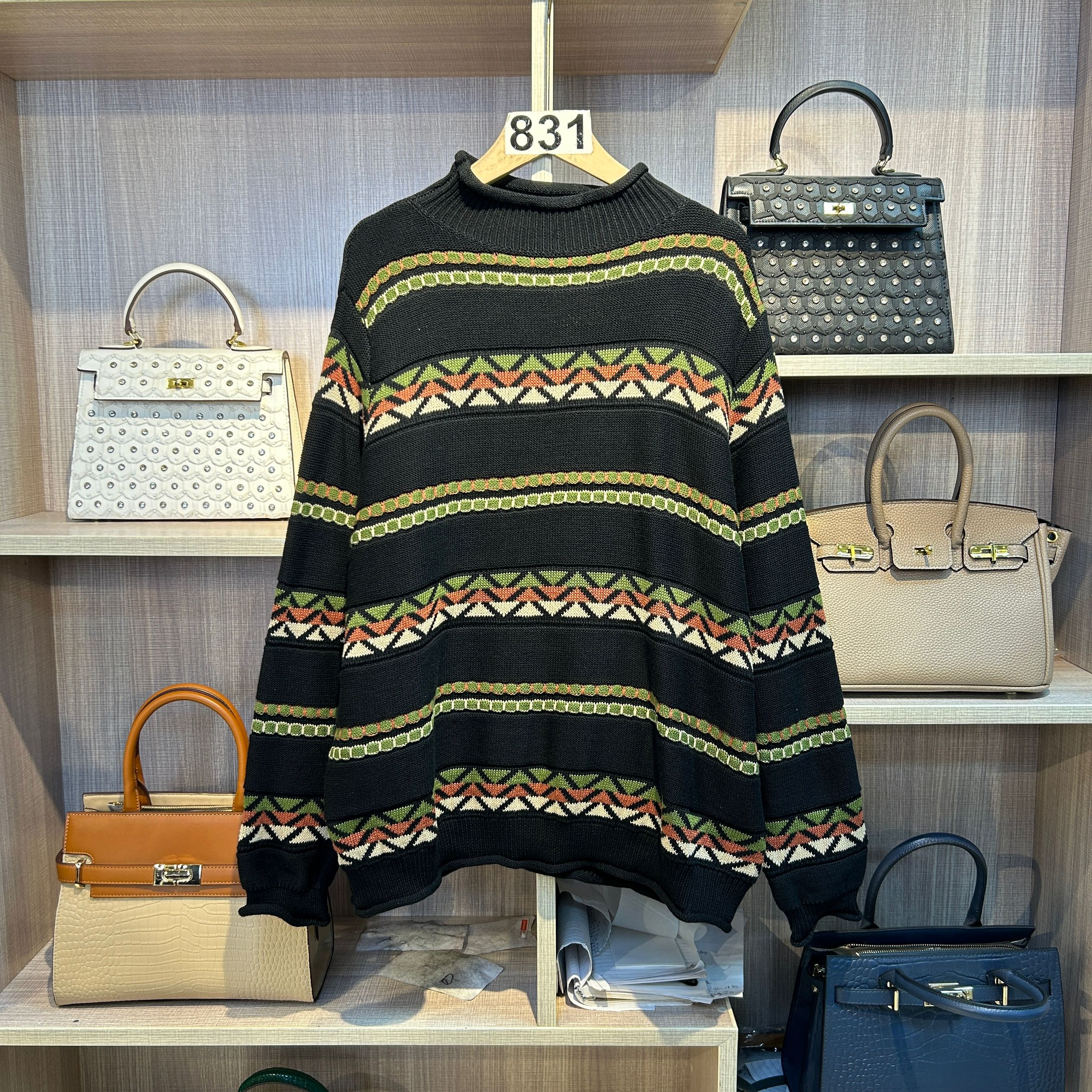 831【大牌女装】黑色秋冬定制中高领条纹拼接休闲百搭宽松上衣