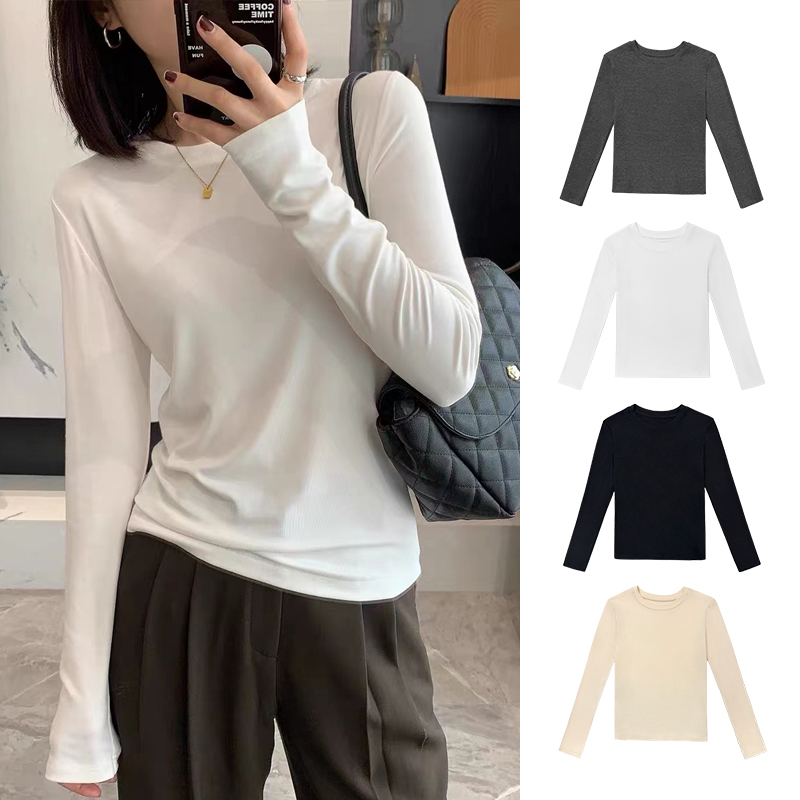 2025年早秋新款软糯圆领纯色长袖t恤白色打底衫贴身显瘦内搭上衣