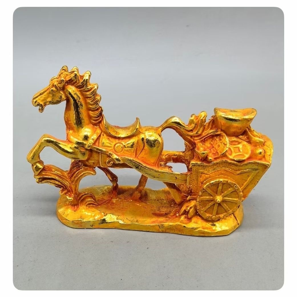 古玩鎏金马拉元宝福财车马上发财十二生肖马招财仿古摆件