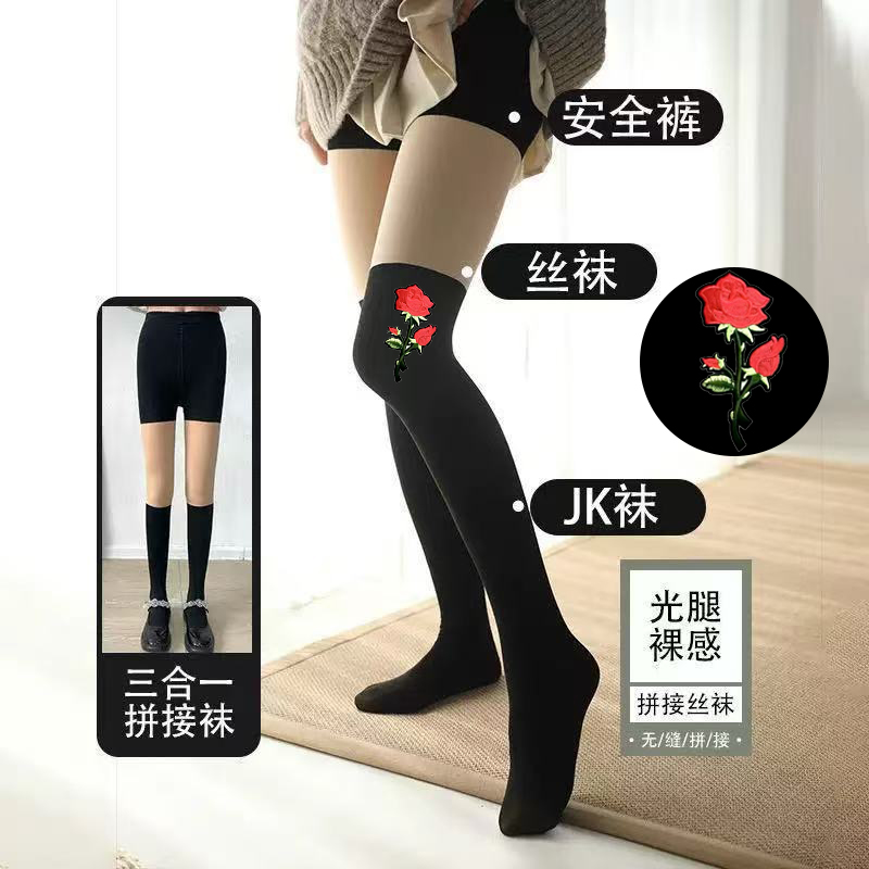 三合拼接丝袜两色黑色肉色假过膝连裤袜光腿神器印花打底平纹裤袜