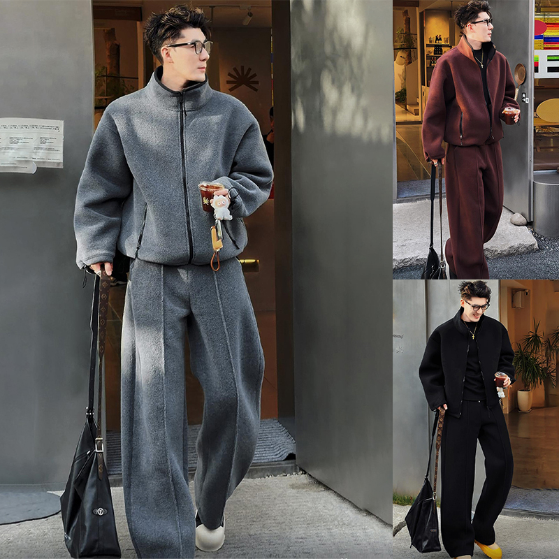 冬季新品重磅双面摇粒绒休闲套装男士慵懒风保暖外套阔腿裤两件套