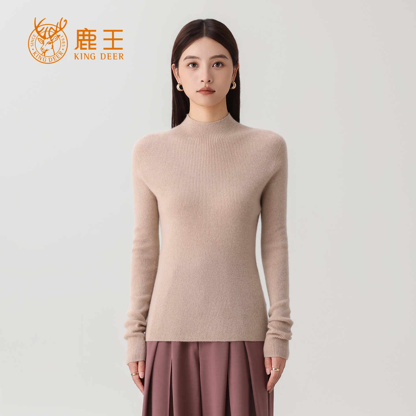 【外销款】鹿王女半高领100山羊绒抽条修身百搭针织套衫 TW511