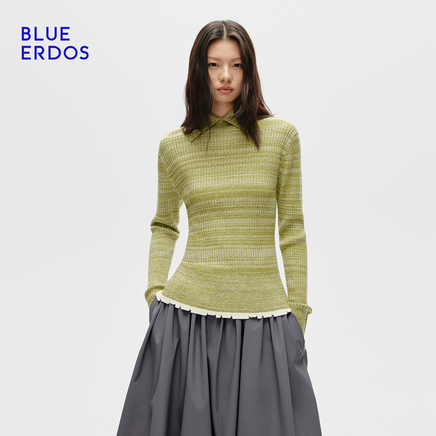 BLUE ERDOS25早秋新品简约修身羊毛羊绒撞色百搭翻领针织衫上衣女