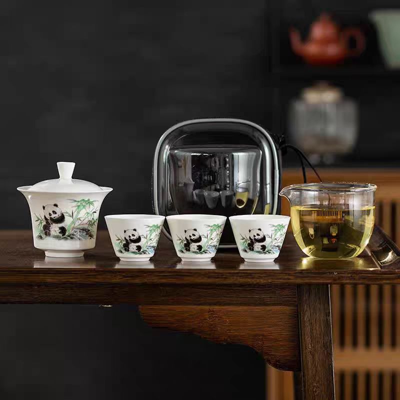 熊猫旅行茶具盖碗青花瓷青瓷羊脂玉白瓷盖碗盖杯茶杯泡茶kk0404
