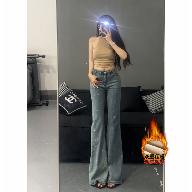 重工烫钻高腰微喇牛仔裤女2025冬季加绒新款不贴腿显瘦弹力喇叭裤