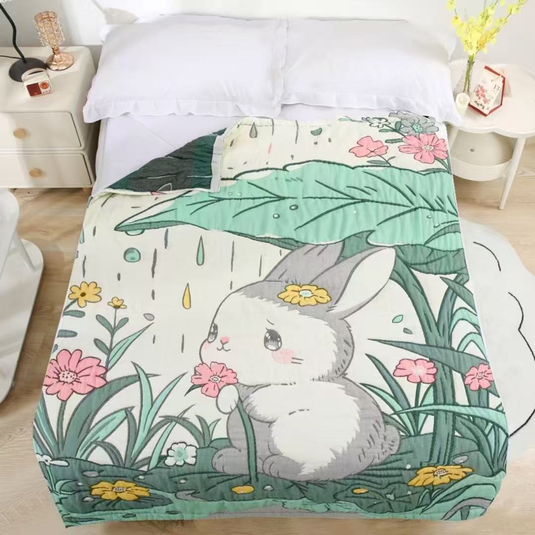 【雨天小兔】120*150  A类全棉纱布面包被