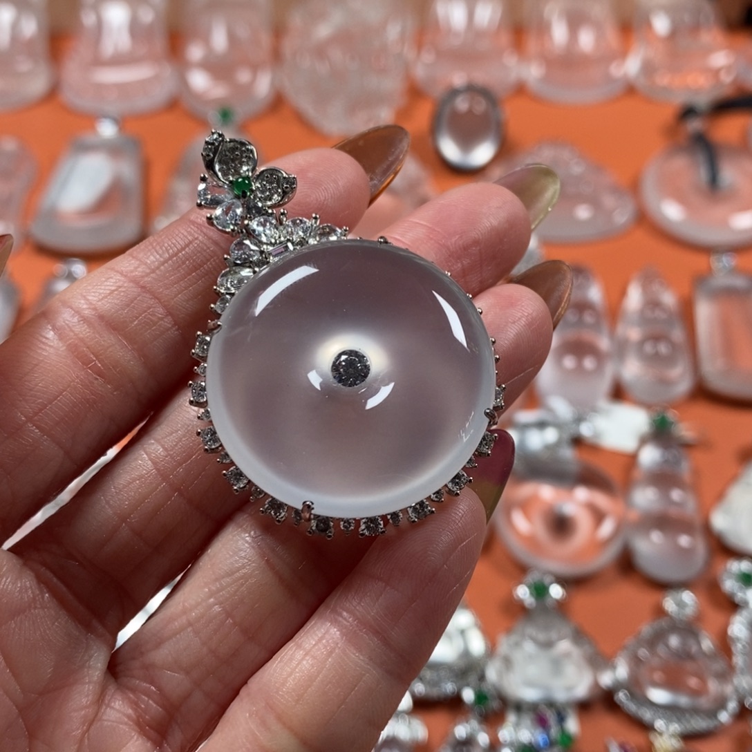 石英质玉银S925镶嵌颈饰毛衣链大平安扣