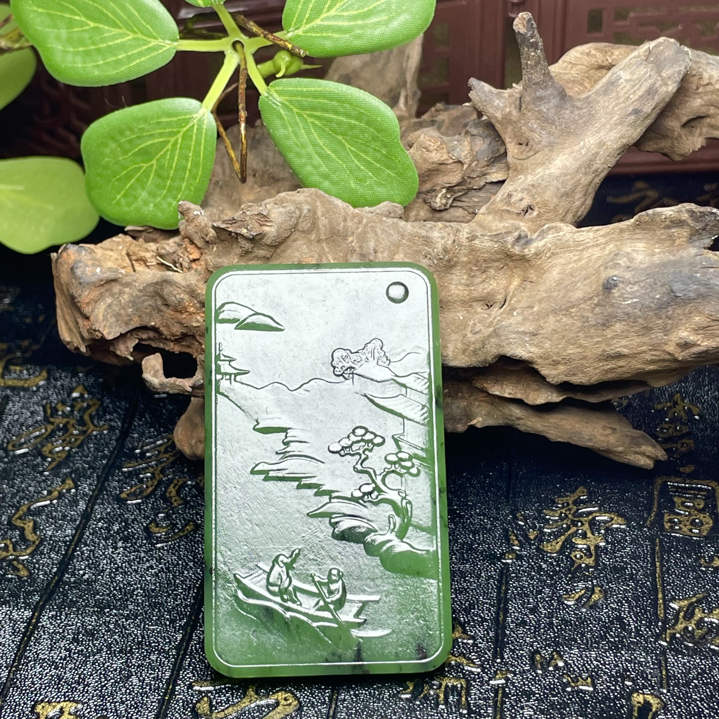 和田玉碧玉山水观音吊坠菠菜绿双面精工玉牌 男女款