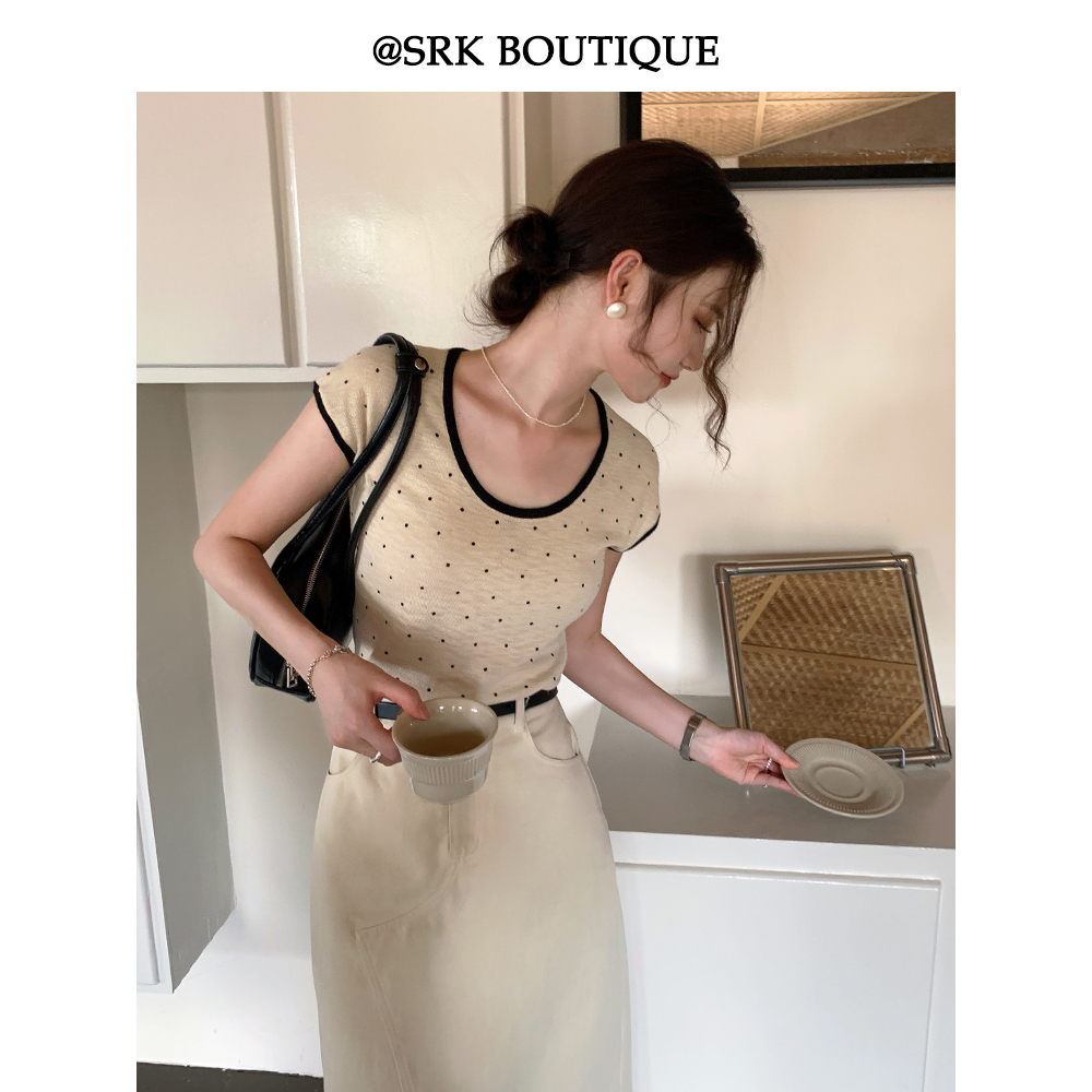 夏季薄款波点针织衫女新款法式圆领气质百搭显瘦上衣S2XL0523