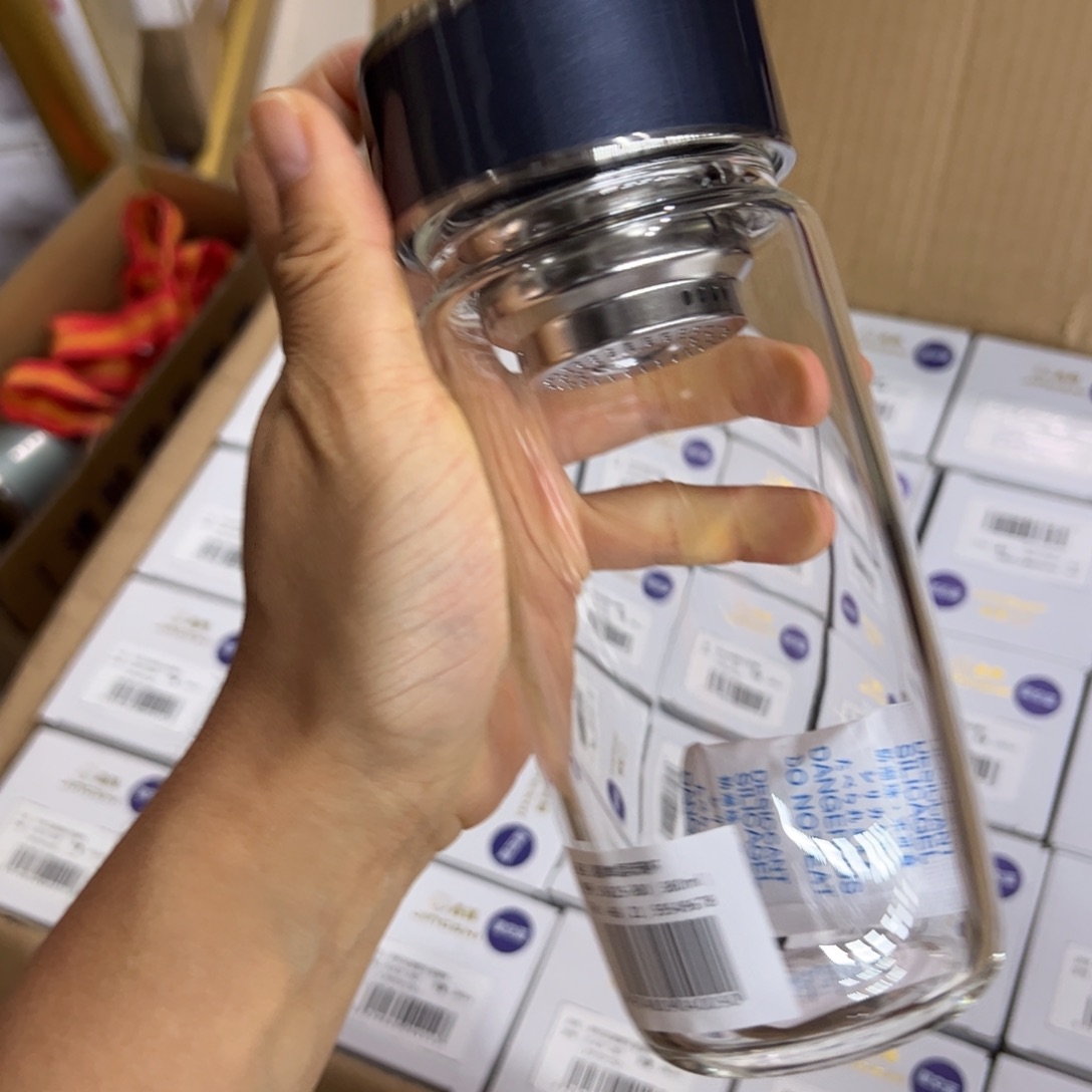 晶单层烫手玻璃杯380蓝色玻璃杯➕杯套