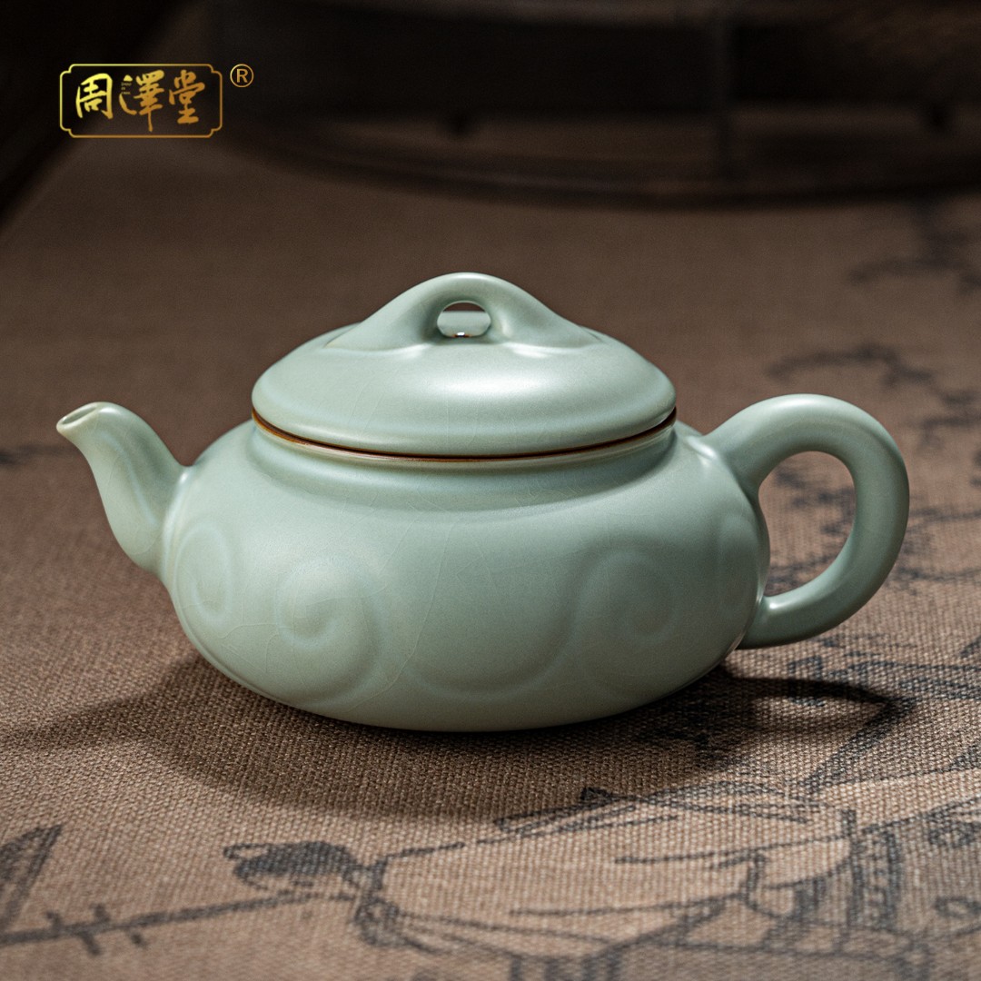 周泽堂 天青祥云如意壶260ml大容量功夫茶壶陶瓷景德镇汝瓷壶复古