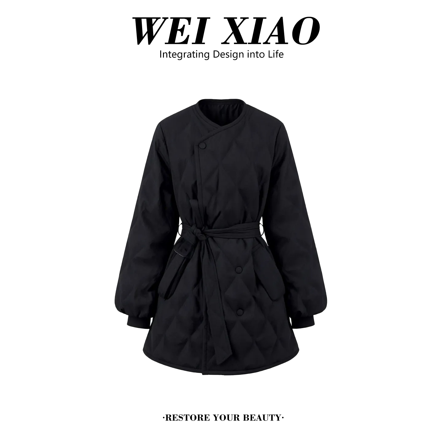 黑色小香风圆领菱格棉服外套女2025秋冬新高级感收腰气质夹棉上衣