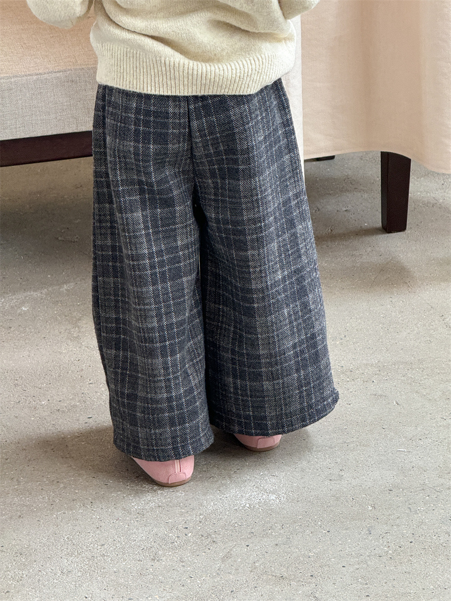 2025冬季新品韩版格子宽松百搭休闲时尚女童毛呢阔腿裤