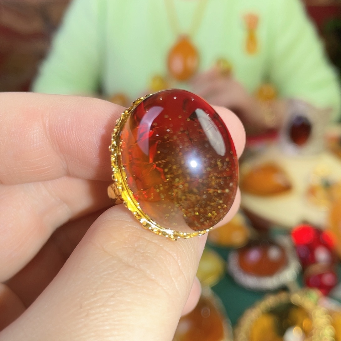 琥珀戒指银S925镀金镶嵌