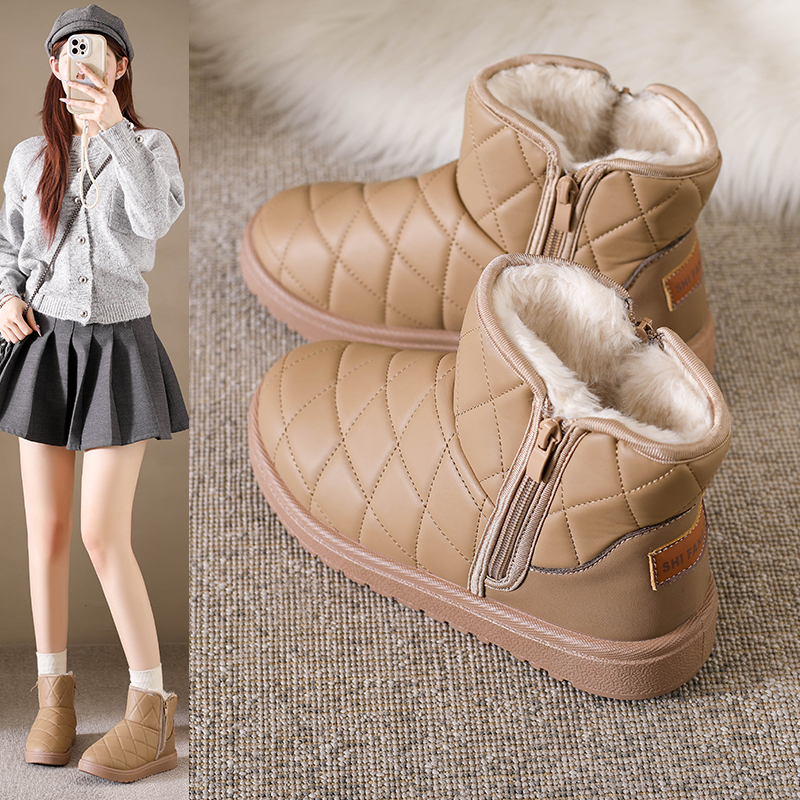 冬季羊加绒保暖雪地靴棉鞋女款一脚蹬拉锁短靴防滑加厚品牌女鞋毛