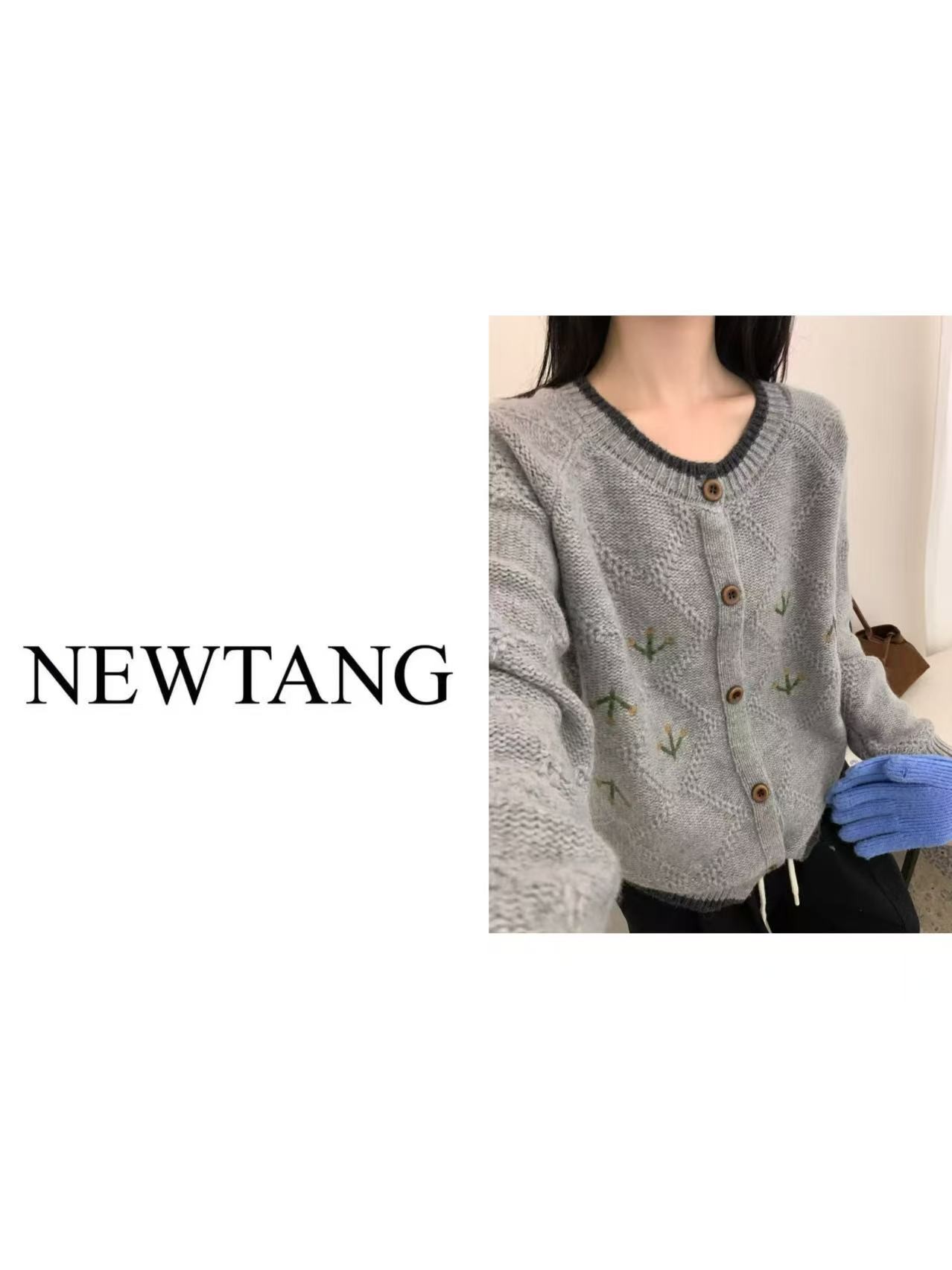 【三叶花】366秋冬高级法式时尚刺绣经典针织衫女装外套女 浅灰