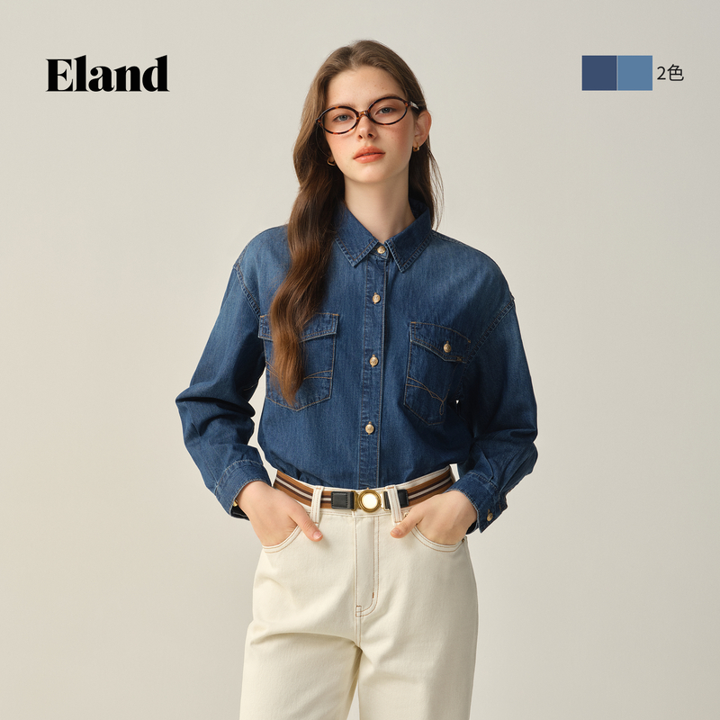 Eland衣恋美式复古学院风翻领女士牛仔衬衫日常通勤风EEYPF49E03