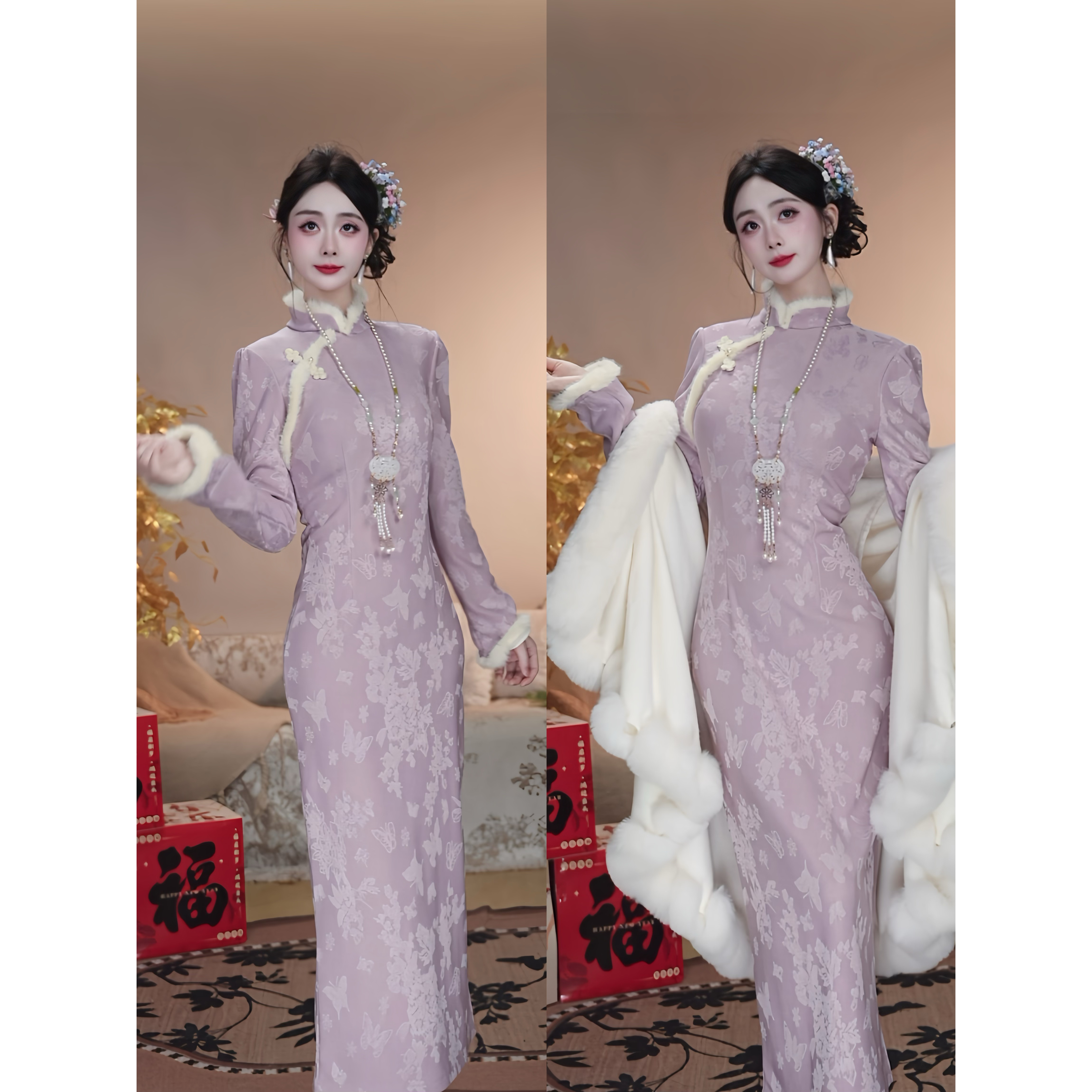 【紫琉璃-加绒】潇夫人自制新中式国风改良紫旗袍女长袖修身连衣裙