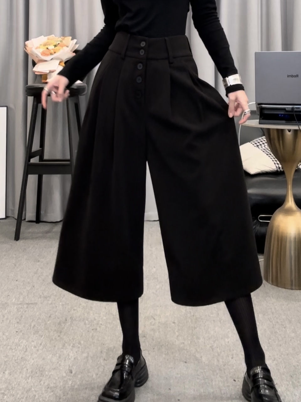 D2608纯色七分毛呢裤女冬季新款宽松显瘦阔腿裤百搭休闲阔腿裤