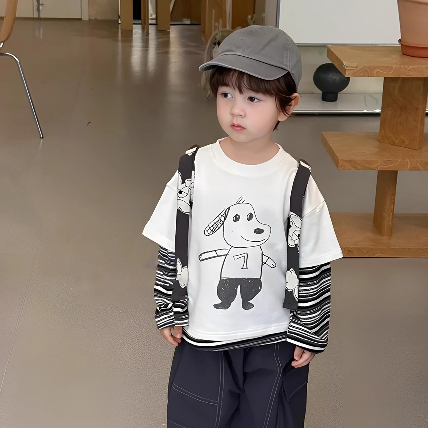 儿童时尚春秋男童韩版假两件卡通T宝宝小童长袖打底衫中小童上衣