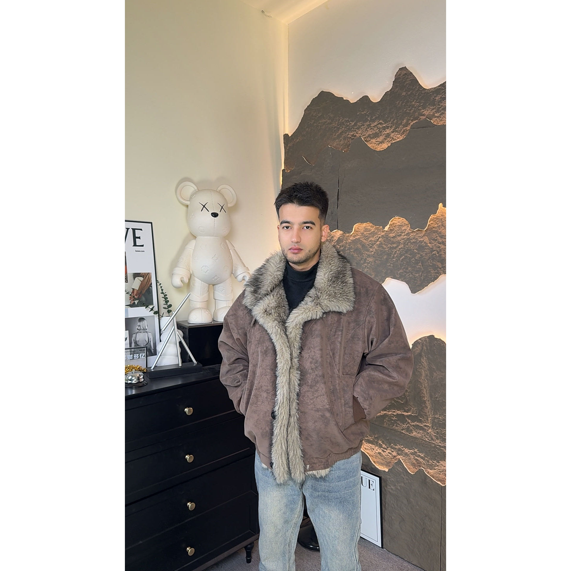 座山雕皮毛一体夹克棉服男款冬季加绒保暖棉衣痞帅高级感加厚外套