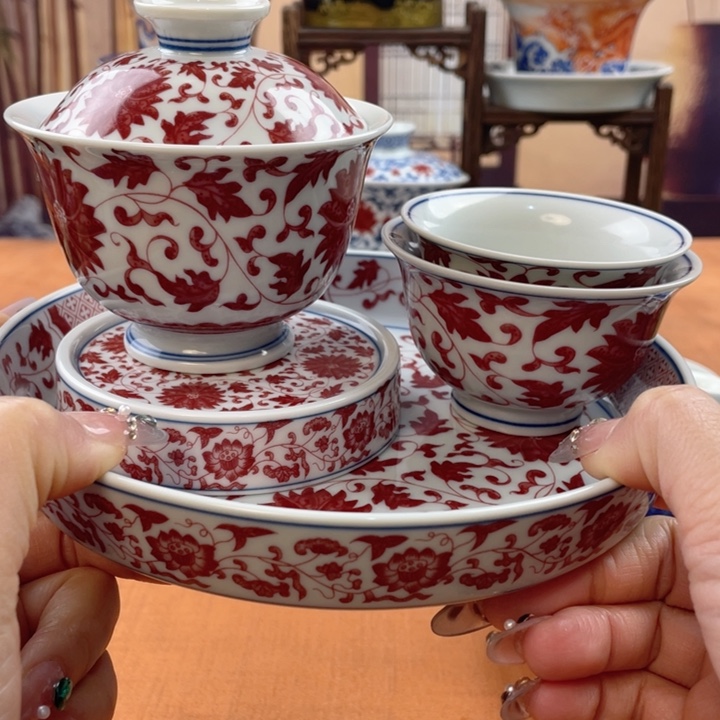 摆件陶釉里红缠枝莲五件套