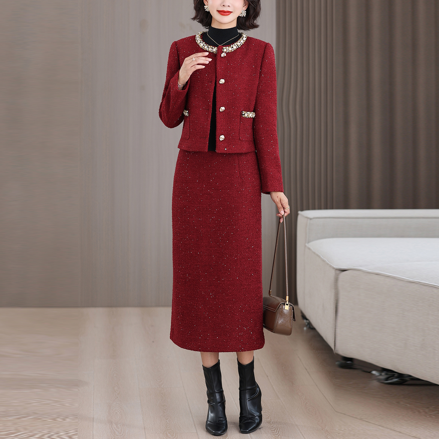 粗花呢秋冬时尚小香风套装女高级感减龄婆婆红色小香风婚宴两件套