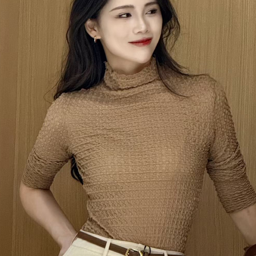 秋季新款高领蕾丝修身木耳边洋气打底衫女装上衣