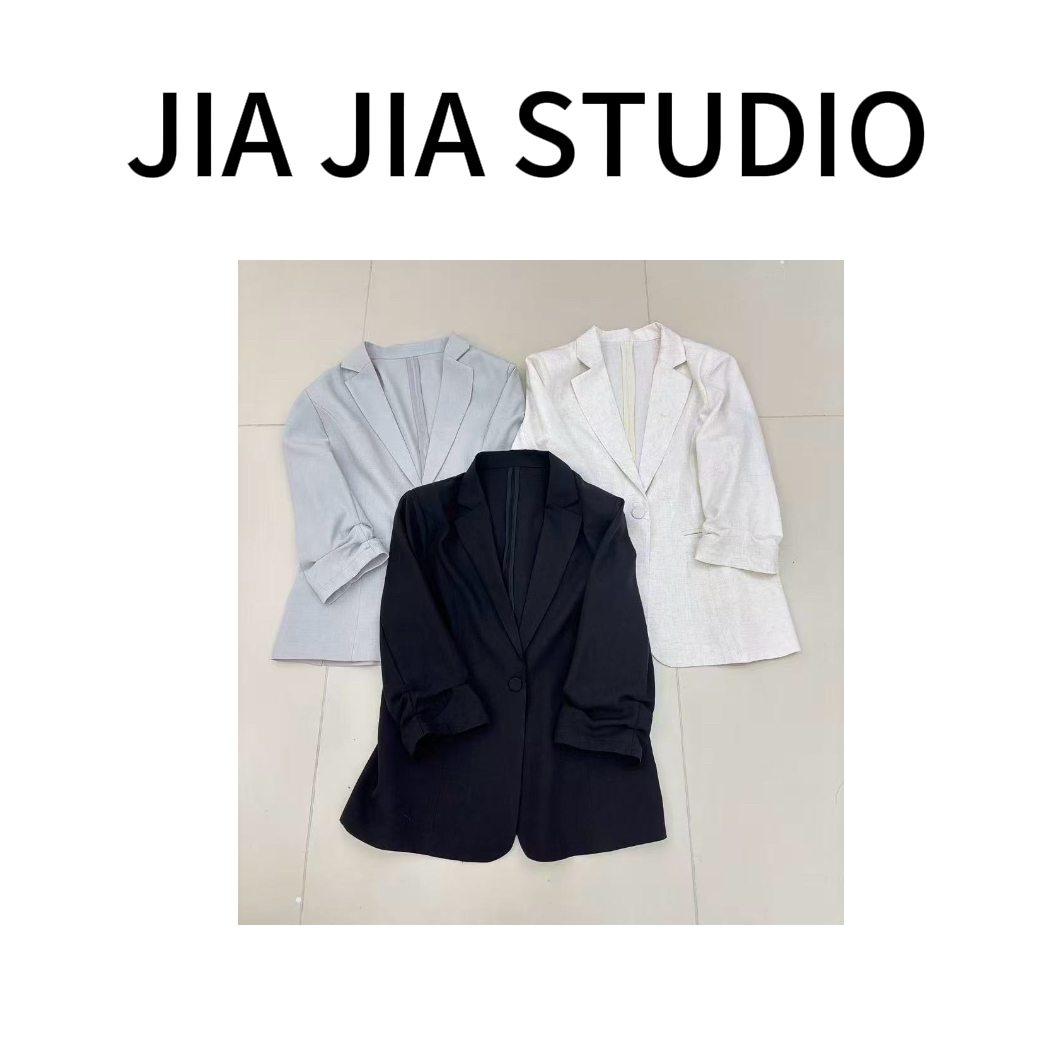 【嘉嘉推荐】#66598 夏季新款 麻料 带垫肩 翻领中袖西服外套