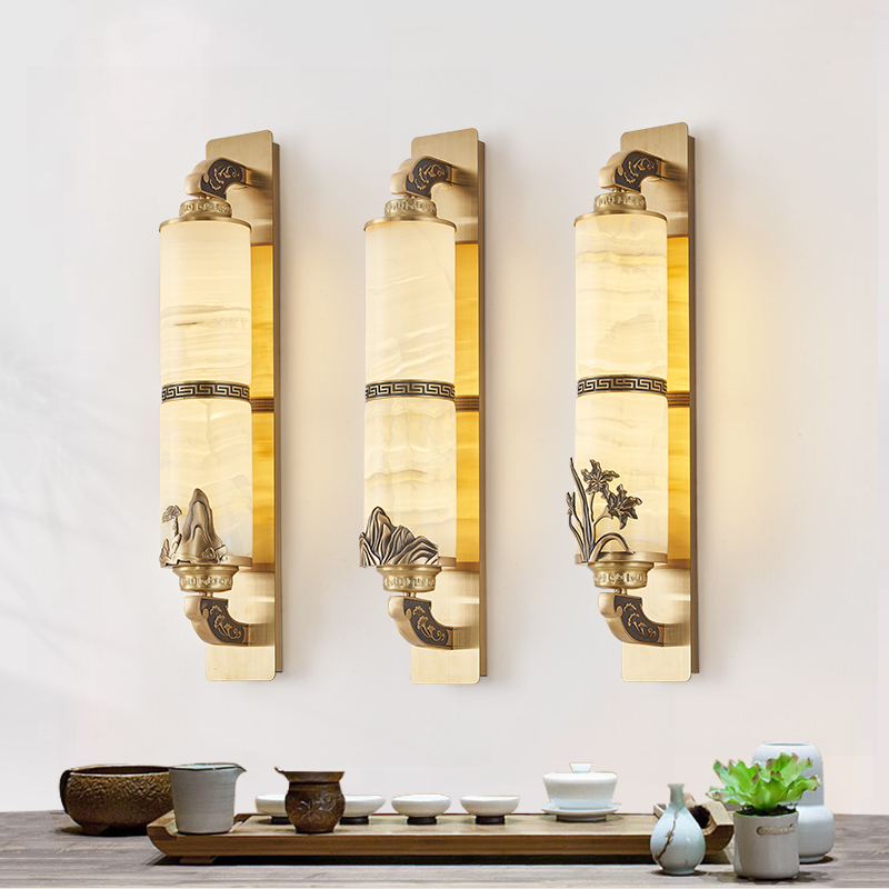 新中式全铜进口阿富汗玉石壁灯挑空客厅卧室餐厅2025玉石壁灯