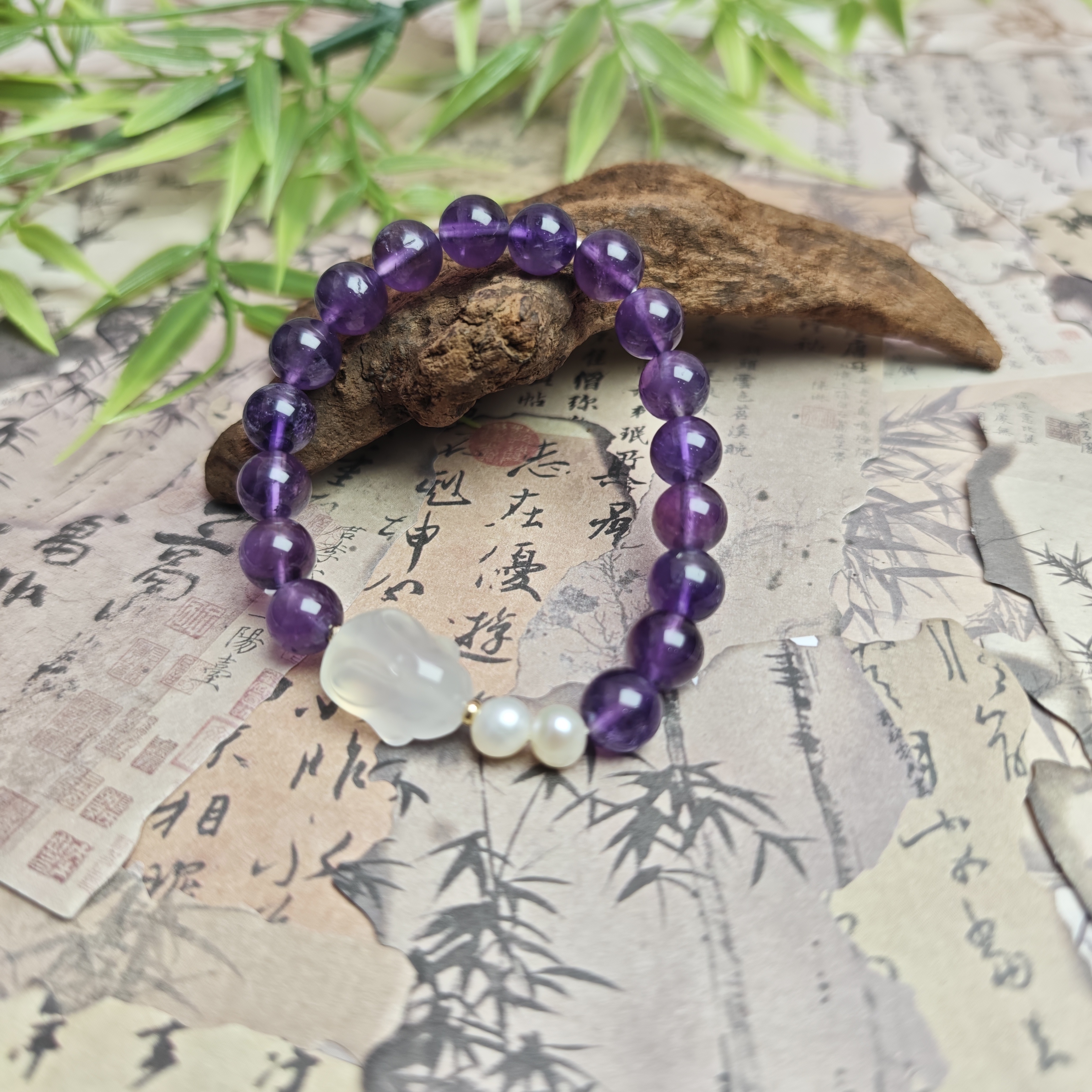 【蜜语】紫水晶圆珠手串卡8大+玉兔设计款