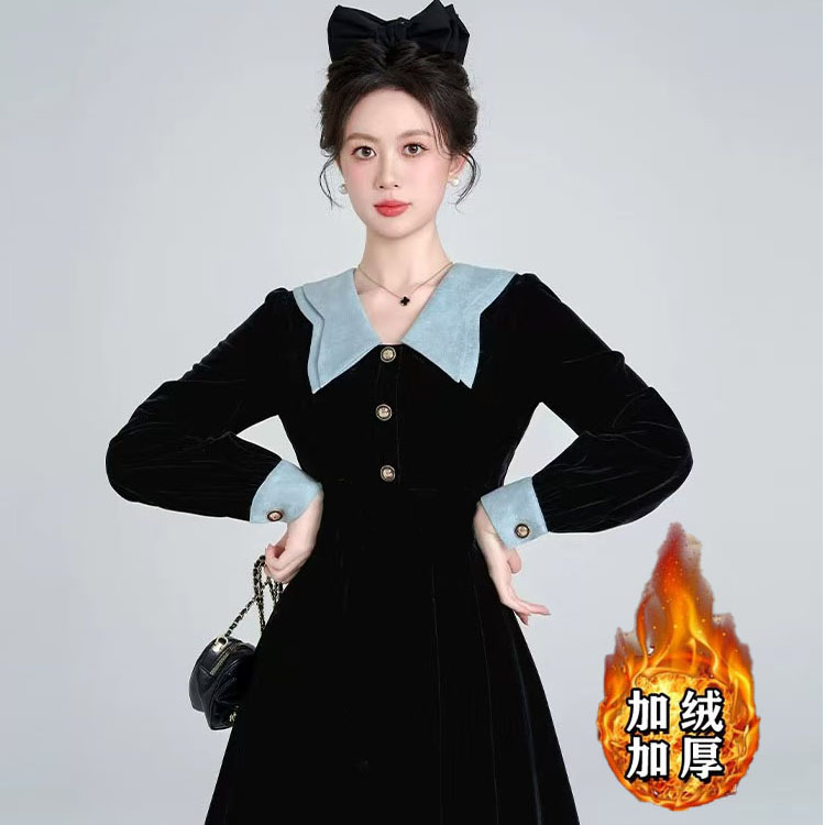 法式娃娃领黑色加厚连衣裙女冬季千金风气质收腰生日裙小礼裙1694