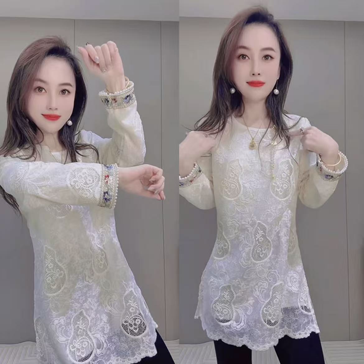ZXG280葫芦蕾丝新中式圆领中长款蕾丝衫打底衫绣花提花上衣