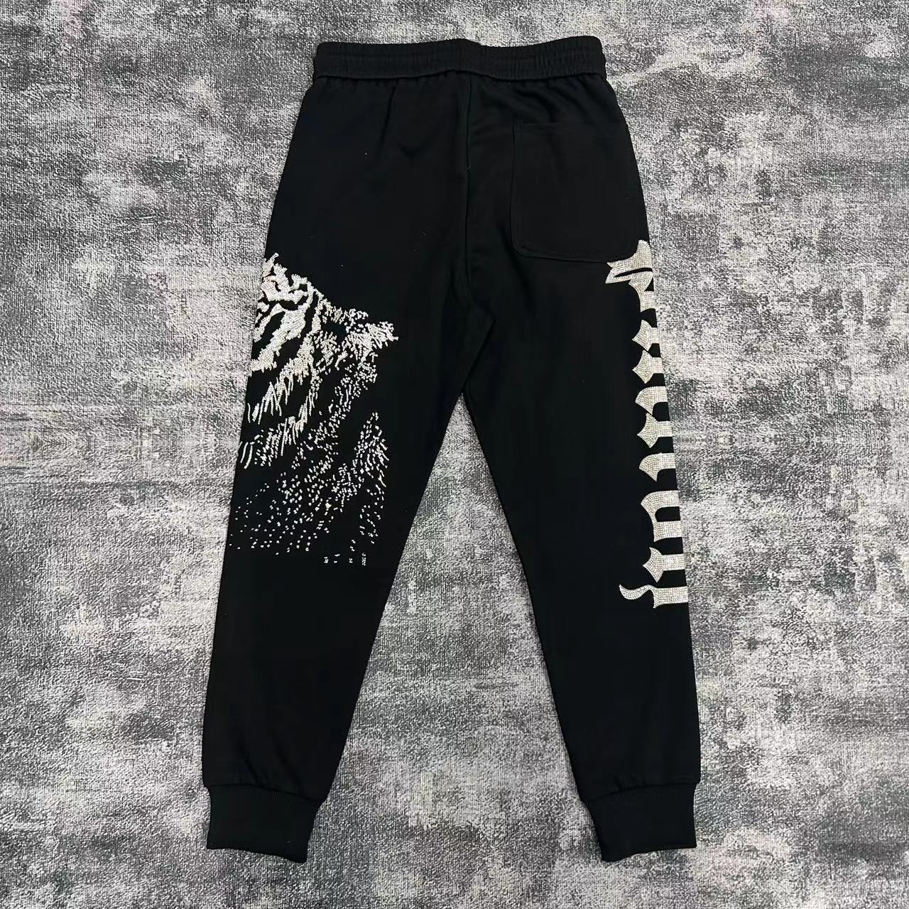 欧美潮流运动时尚重工老虎翅膀针织长裤男士黑色烫钻休闲裤11800