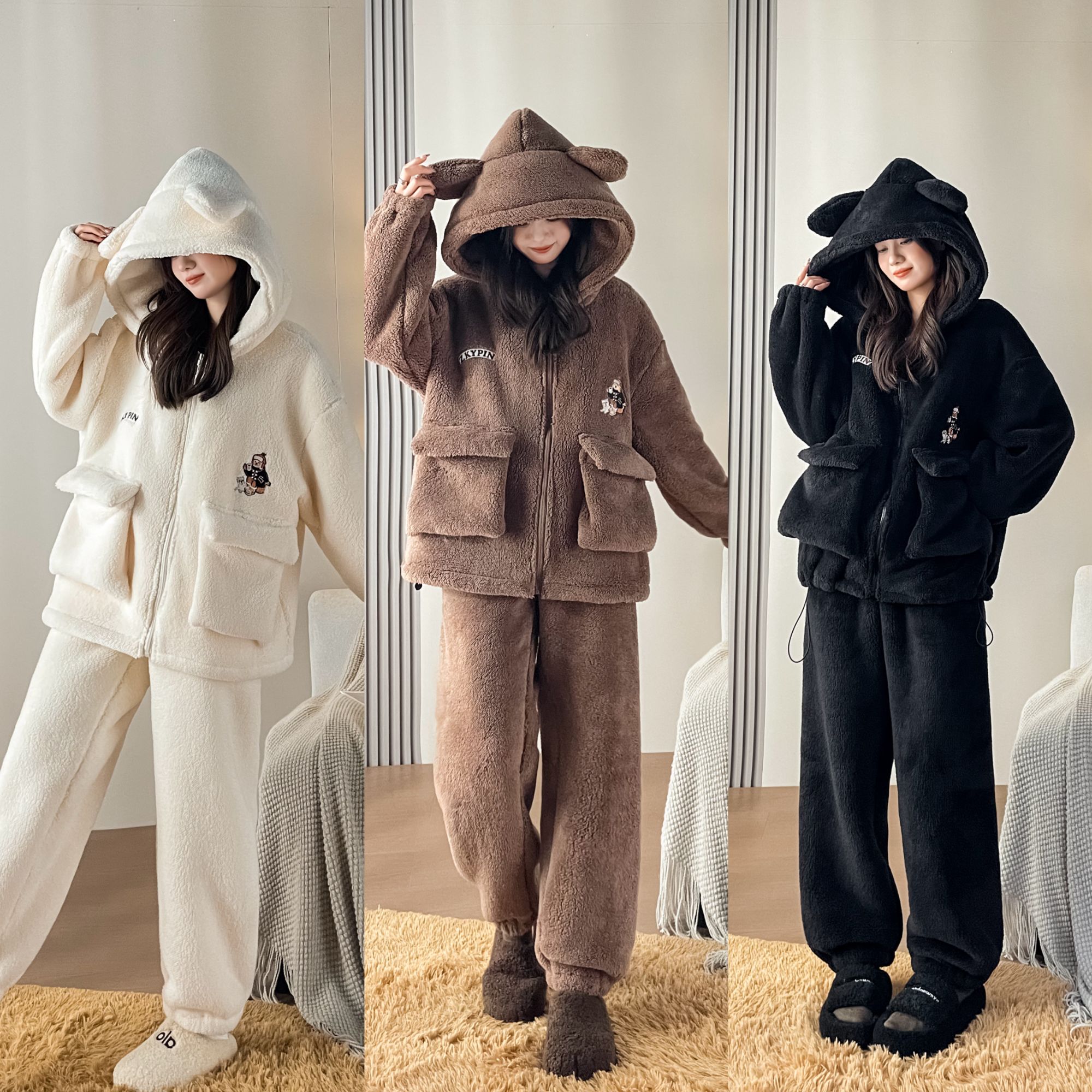 特特厚复合绒！Mis熊睡衣巨保暖情侣款连帽家居服可外穿