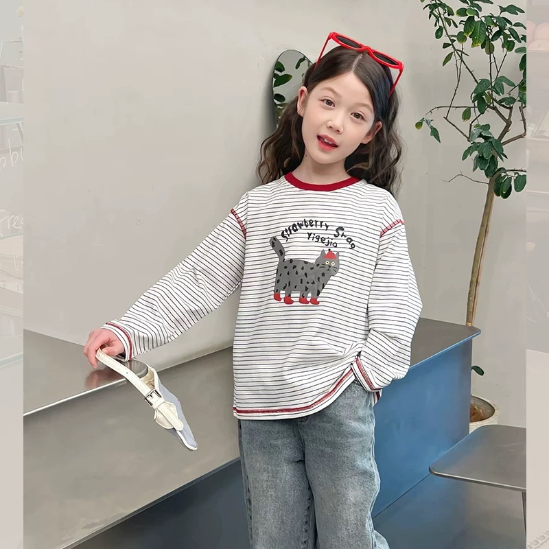 【现货】2025春条纹红靴子猫咪打底衫 D210 210 R