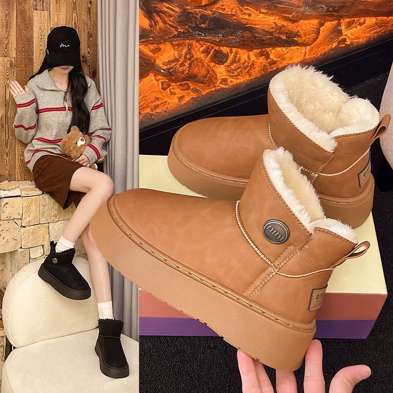 皮面复古风时尚雪地靴女百搭加绒加厚增高保暖防水防滑中筒棉鞋