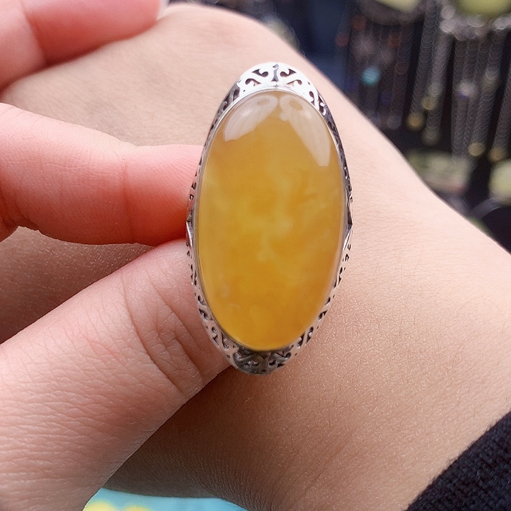 琥珀裸石银S925镶嵌敏**溪戒指