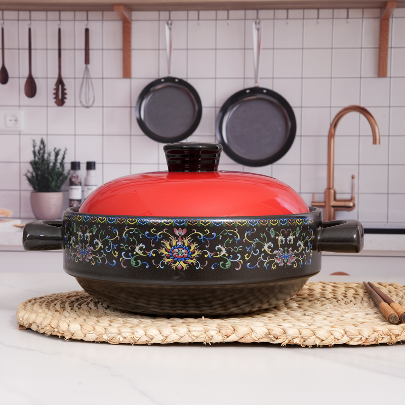  3.5L珐琅彩红盖干烧不裂炒菜耐高温煤气灶陶瓷砂锅直烧煲纯手