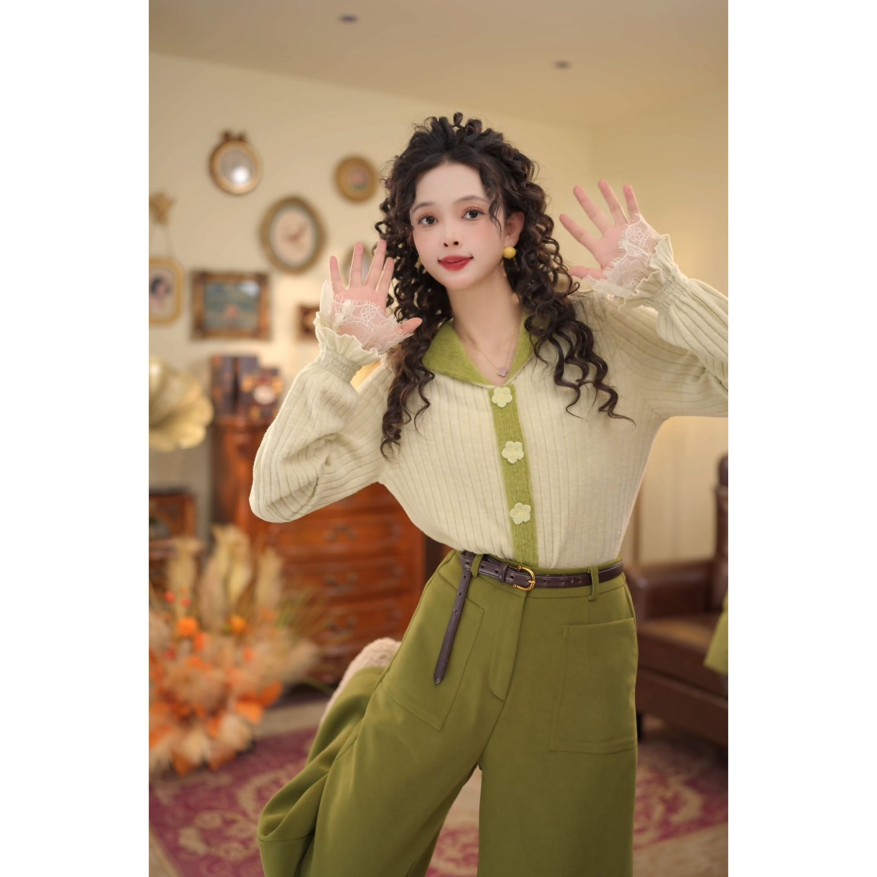 扣子家【多喜乐】港风复古磨毛坑条纹套头衬衫冬季打底衫KK0726471
