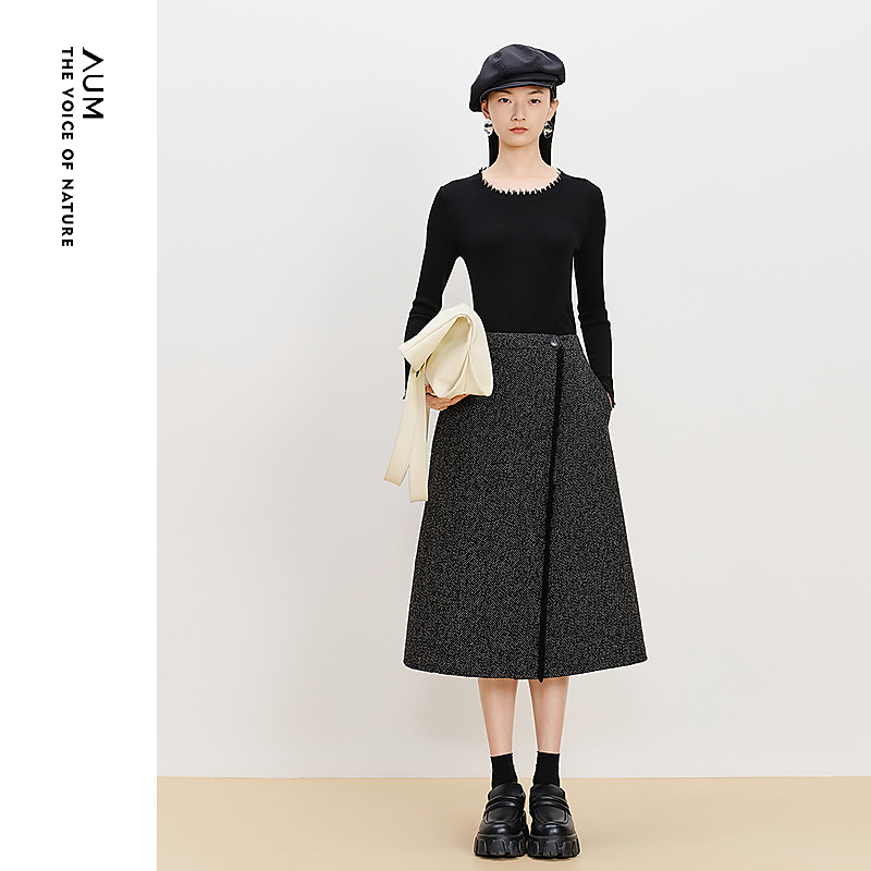 AUM显瘦气质长袖高腰复古秋冬拼接提花毛针织衫M1EG4SH3M